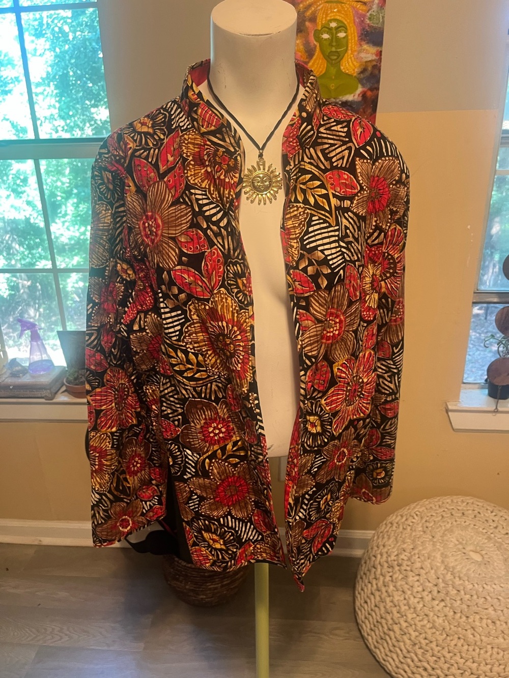 Floral boho indie Printed Open-Front Jacket - Red & Black